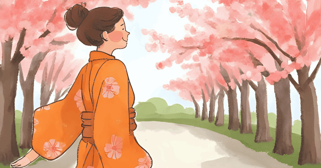 オレンジの着物を着た女性